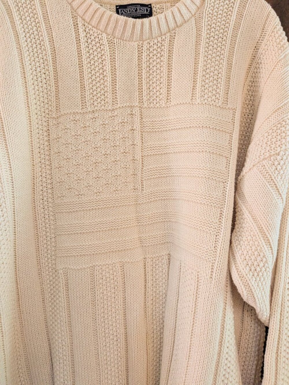 Lands’ End Vintage Men’s American Flag Sweater Cream Cotton Oatmeal USA Sz L